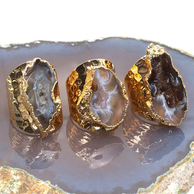 Agates Ring Slice Druzy Handmade Electroplated Goldtone Plated Natural Stone Ring from Brazil
