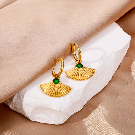 New Retro Round Green Zircon Fan Shaped Pendant Earrings – 18K Gold Stainless Steel Jewelry for Women