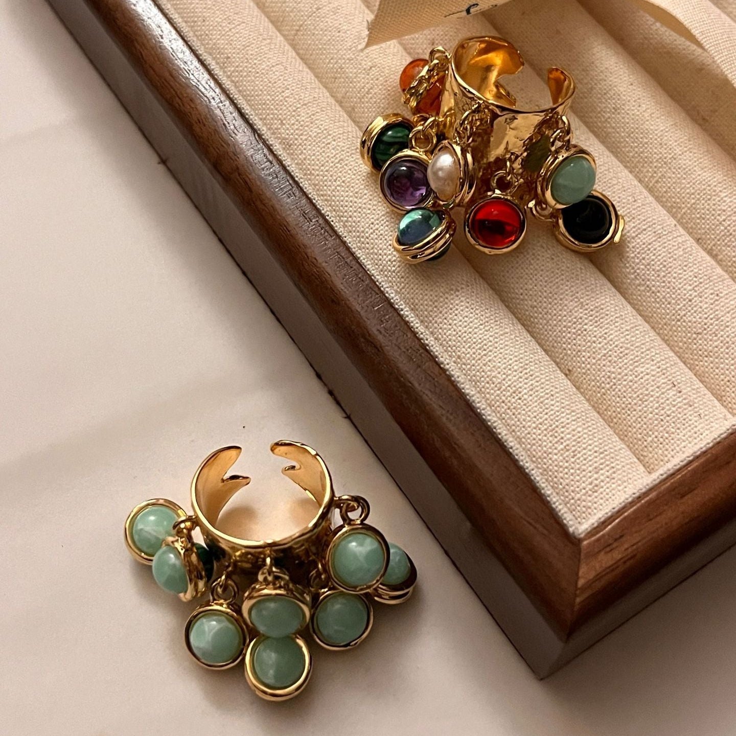 Retro court natural gemstone peacock stone glass multi pendant high-end tassel open ring