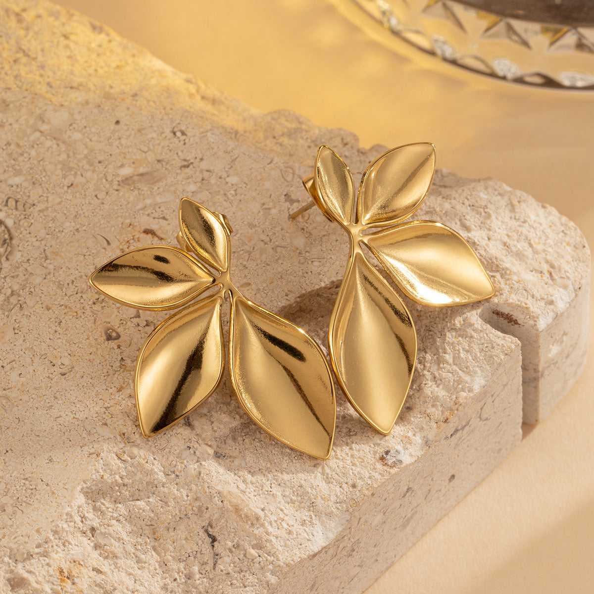 Titanium Steel Earrings – Fashionable Leaf Petals Stainless Steel Gold Plated Jewelry for Women