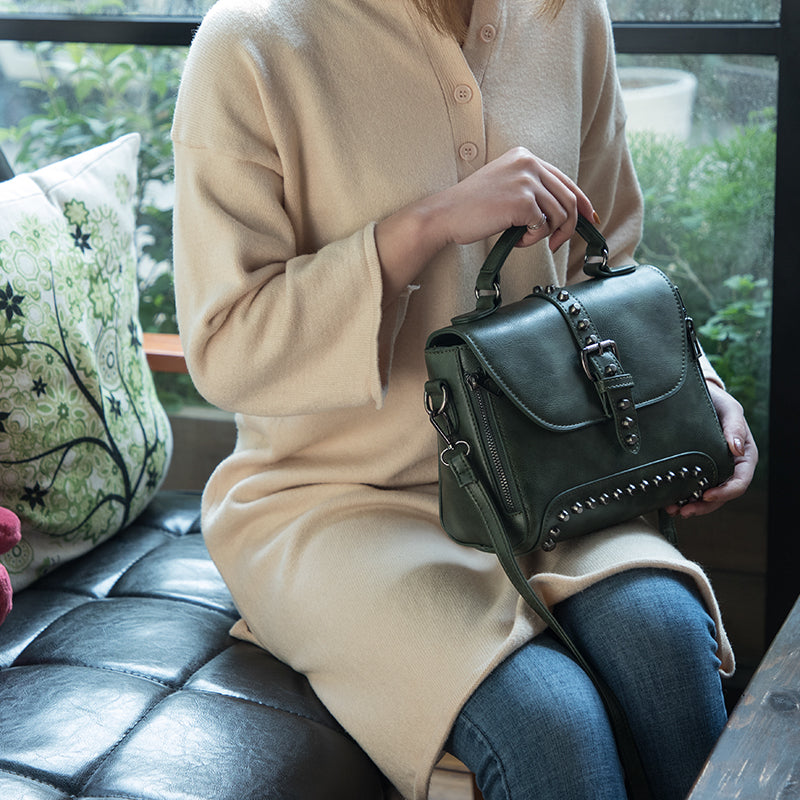 White Vintage Oil Leather Luxury Handbags – Designer Crossbody & Rivet Small Handbag for Women