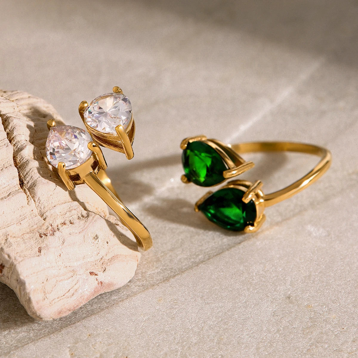 Asymmetric Teardrop Green White Zirconia Open Ring – Luxury Wedding Women’s Jewelry