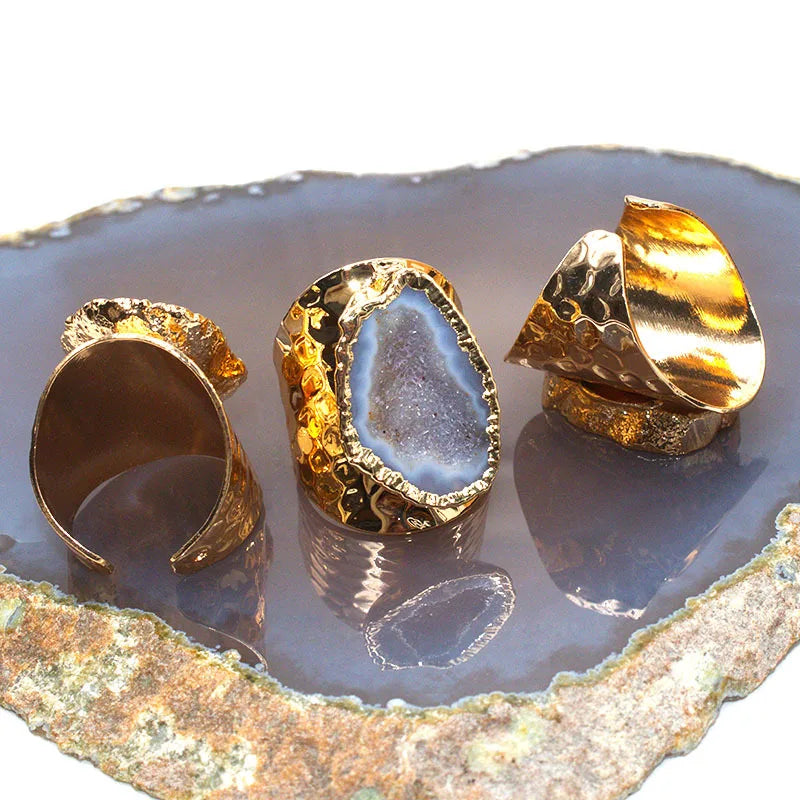 Agates Ring Slice Druzy Handmade Electroplated Goldtone Plated Natural Stone Ring from Brazil