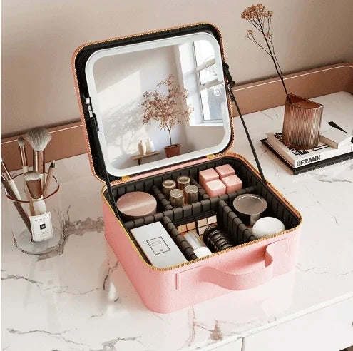 Light Up Box Vanity Organizer Portable Makeup Bag Mirror with LED Light – Travel Cosmetic Storage Case