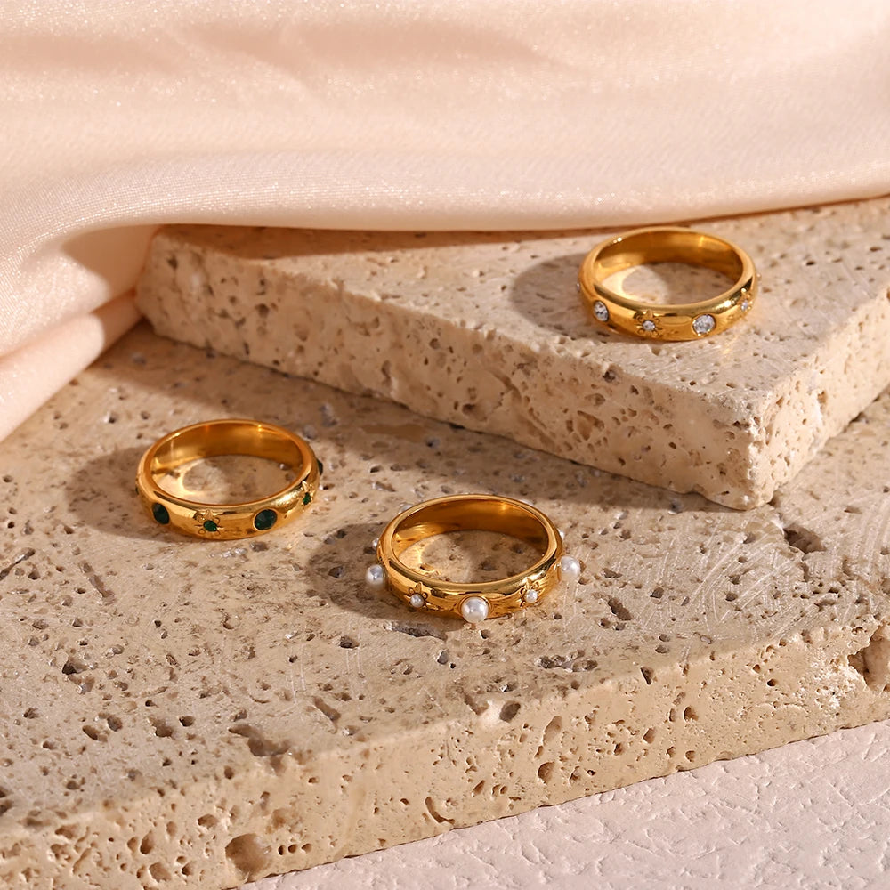 18K Gold Plated Green Zircon Pearl Rings for Women – Waterproof, Hypoallergenic, Dainty Jewelry
