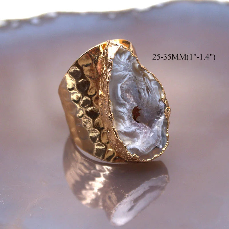 Agates Ring Slice Druzy Handmade Electroplated Goldtone Plated Natural Stone Ring from Brazil