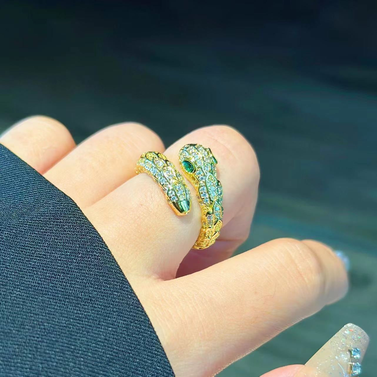 Unique Geometric Snake Ring for Women – Pure Copper Zircon Open Ring Jewelry