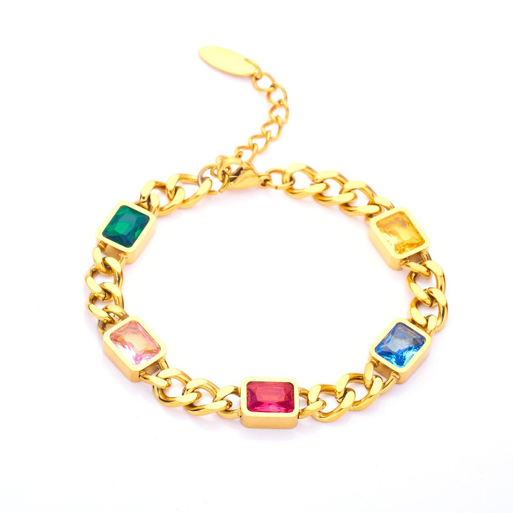18K Gold Multicolored Gemstone Stainless Steel Bracelet – Luxury Vibrant Fashion Jewelry