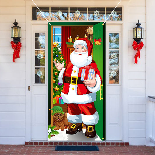 Christmas Door Curtains & Flags – Santa Claus & Puppies Hanging Cloth Background Decoration