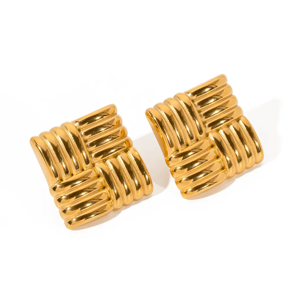 Stainless Steel Minimalist Retro 18K Gold Plated Square Textured Earrings – Unique Luxury Ear Jewelry for Women