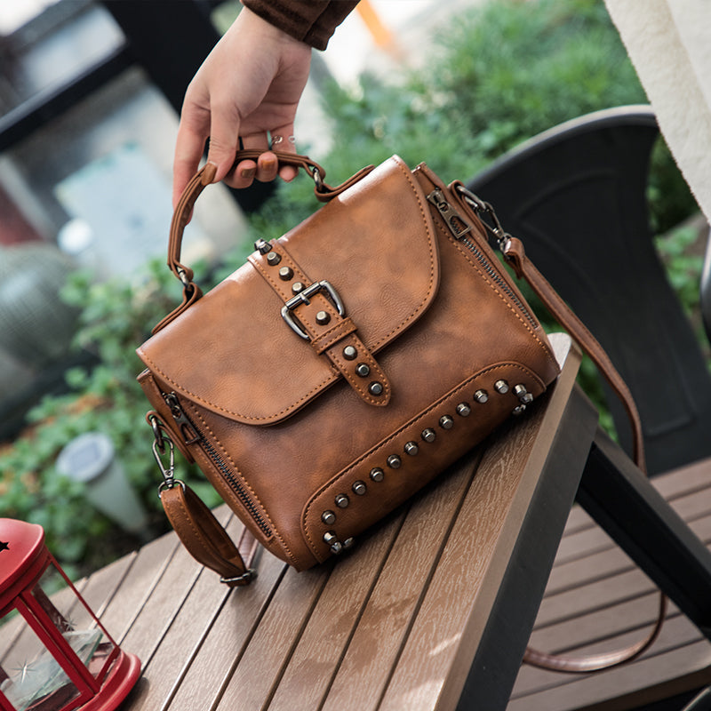 White Vintage Oil Leather Luxury Handbags – Designer Crossbody & Rivet Small Handbag for Women