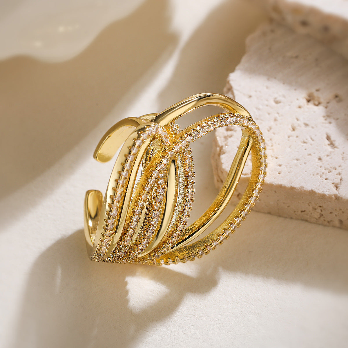 European and American Irregular Geometric Zircon Copper Ring – Luxury Exaggerated Women’s Fashion Jewelry