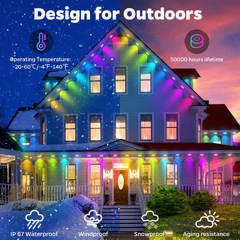 100FT 60 LED Waterproof RGB Outdoor String Lights – Permanent Eaves Lighting for Christmas, Birthday & Holiday Parties