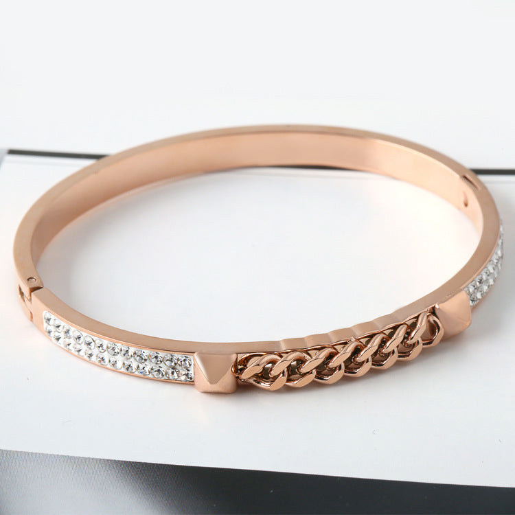 Rose Gold Open Diamond Stainless Steel Bracelet – Korean Light Luxury Temperament Jewelry for Women