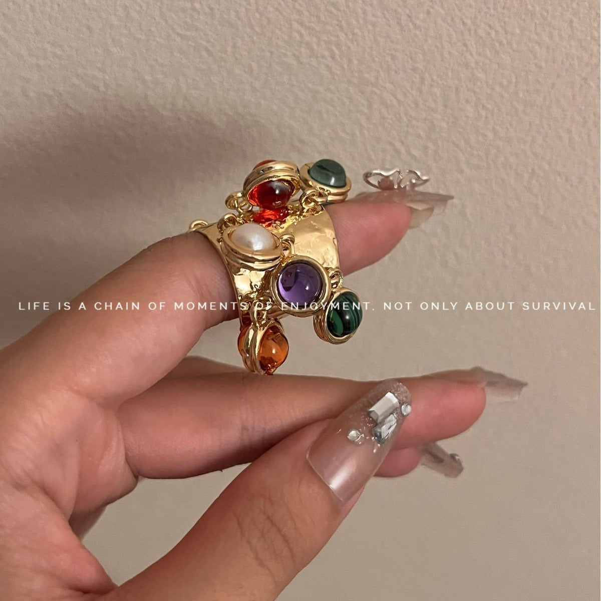 Retro court natural gemstone peacock stone glass multi pendant high-end tassel open ring