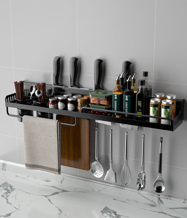 No-Punching Black Aluminum Kitchen Wall-Mounted Multi-Function Seasoning Bottle Holder – Storage Rack Organizer