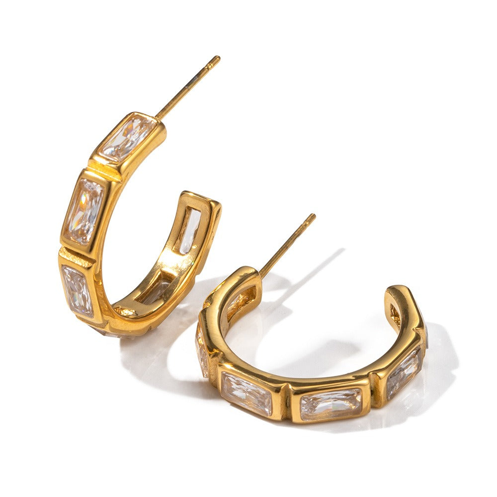 18K Gold Stainless Steel Zircon C-Shaped Earrings – High-End Non-Fading Jewelry for Women