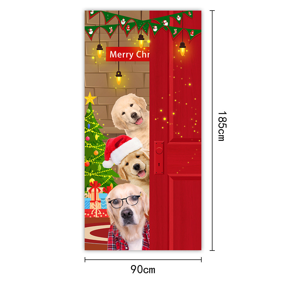 Christmas Door Curtains & Flags – Santa Claus & Puppies Hanging Cloth Background Decoration