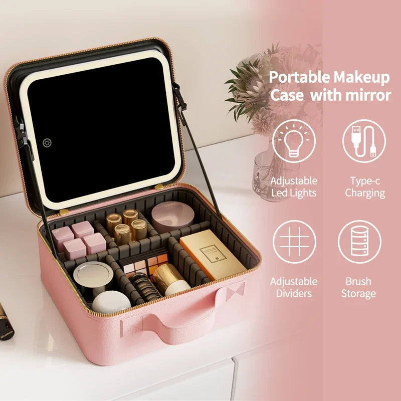 Light Up Box Vanity Organizer Portable Makeup Bag Mirror with LED Light – Travel Cosmetic Storage Case