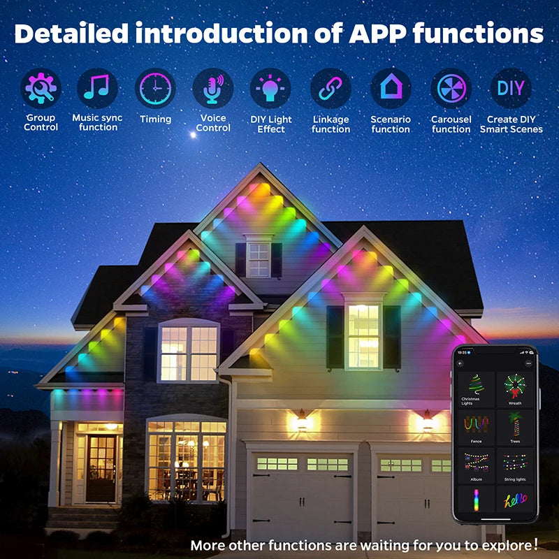 100FT 60 LED Waterproof RGB Outdoor String Lights – Permanent Eaves Lighting for Christmas, Birthday & Holiday Parties