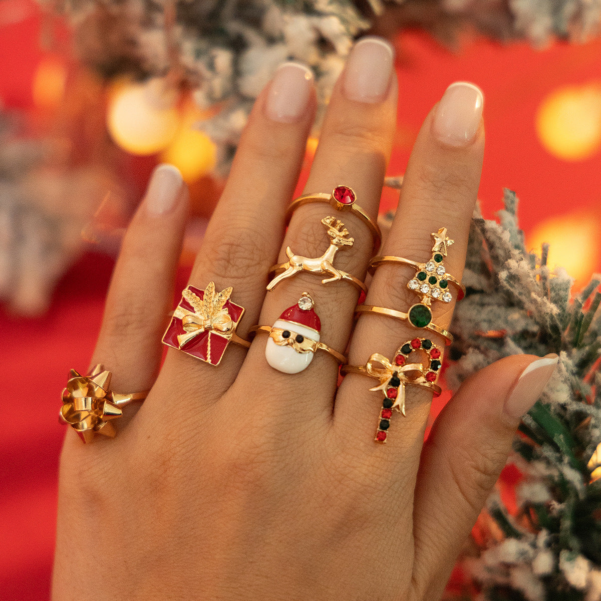 Christmas Candy Deer Ring Set – Creative Holiday Santa Claus Alloy + Drip Oil Rings for Women