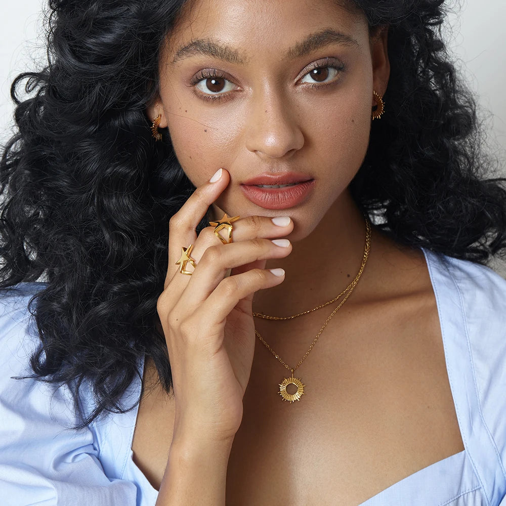 Star Rings for Women – Trendy 18K Gold Plated Stainless Steel Geometric Titanium Fashion Jewelry