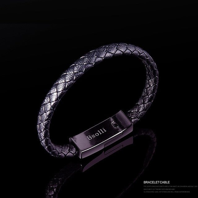 USB Leather Bracelet Charger – Men’s Stainless Steel Magnetic Fast Charging Punk Bracelet
