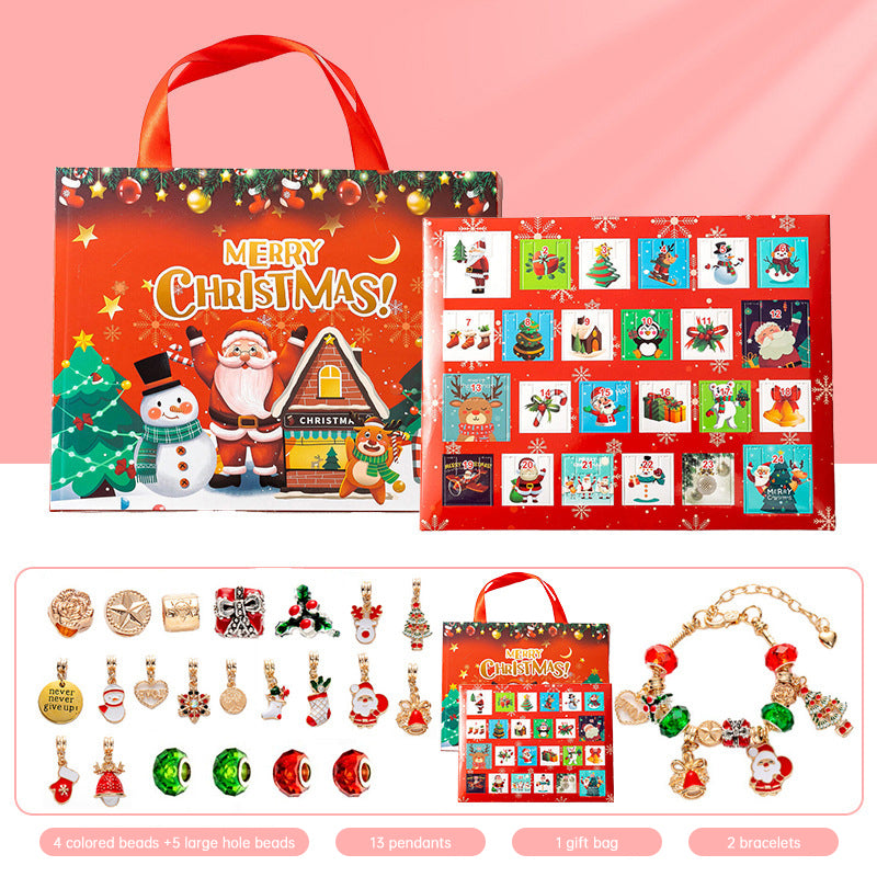 DIY Creative Children’s Bracelet Jewelry – 24-Grid Calendar Christmas Holiday Surprise Blind Box Silver Set