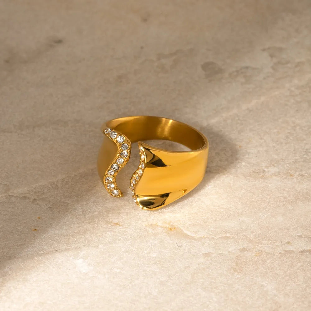 18K Gold-Plated Zircon Stainless Steel Inlaid Rhinestone Bypass Ring – Elegant Luxury Jewelry Gift