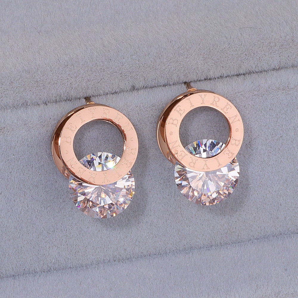 Trendy Shine AAA Zirconia Rose Gold 316L Stainless Steel Stud Earrings – Fashion Jewelry WX028