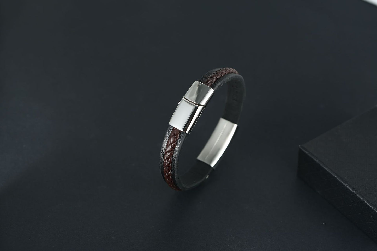 Vintage Stainless Steel Braided Black Leather Bracelet – Trendy Men’s Must-Have Jewelry