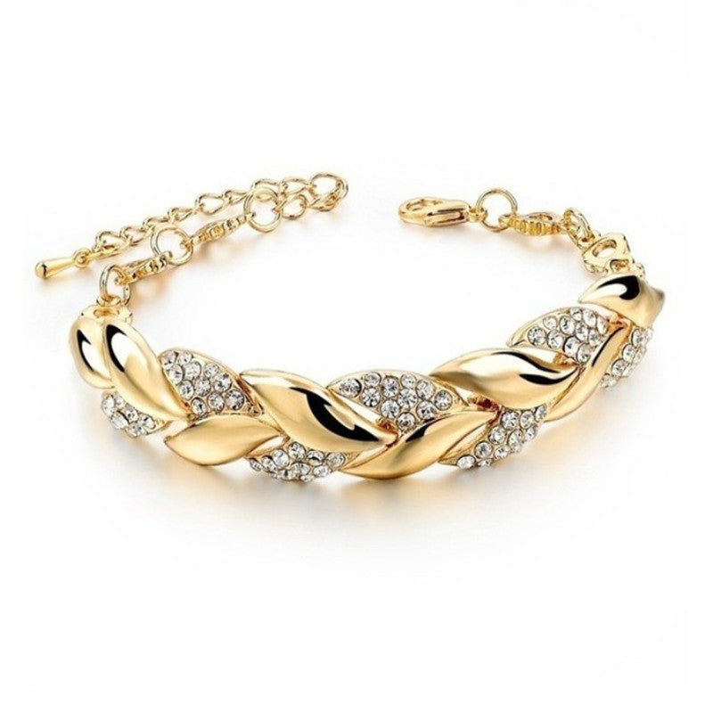 18K Gold Leaf Bracelet for Women – Diamond Fashion Wedding Jewelry Gift