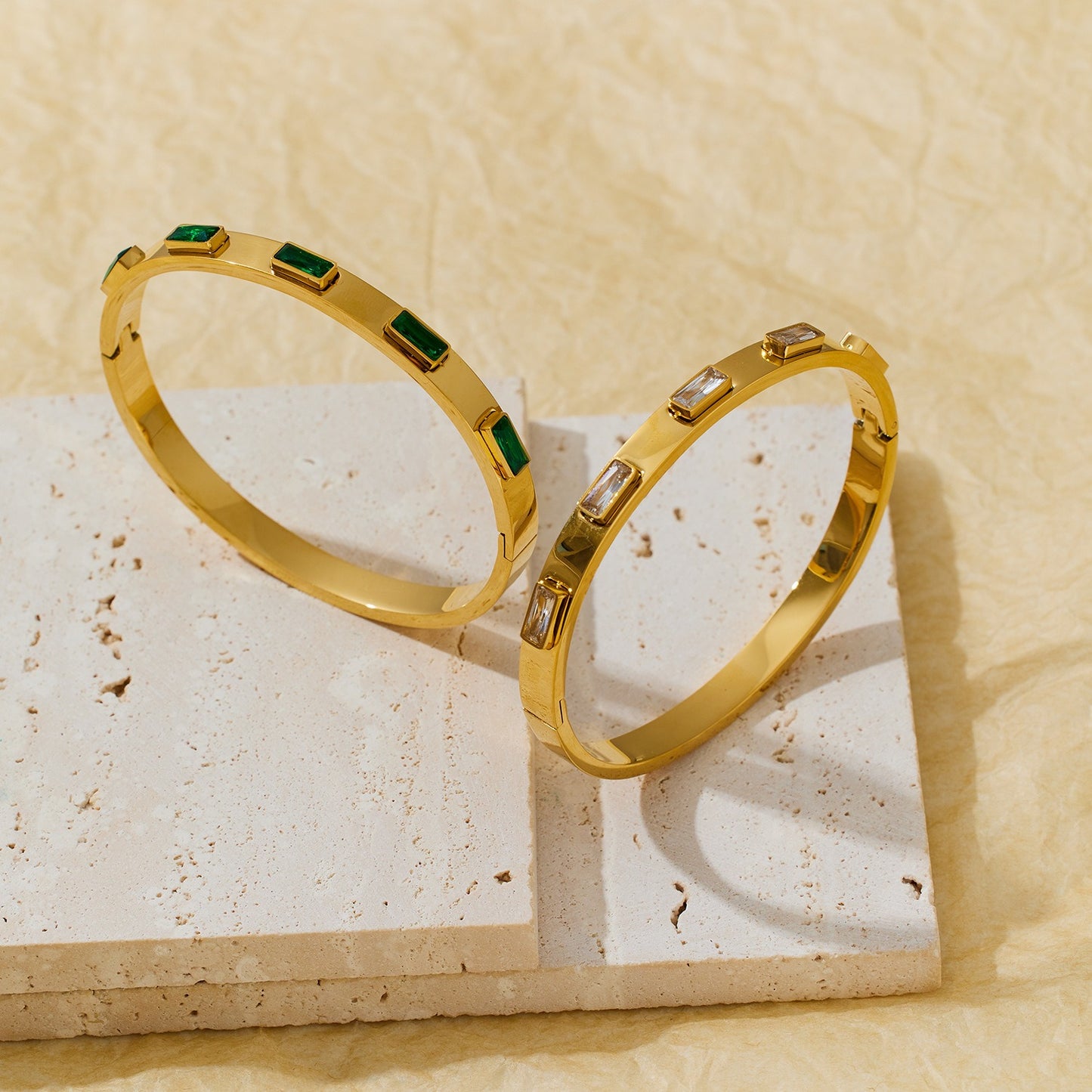 18K Gold Zircon Bracelet – Vacuum Plated Green & White Square Inlaid Fashion Jewelry