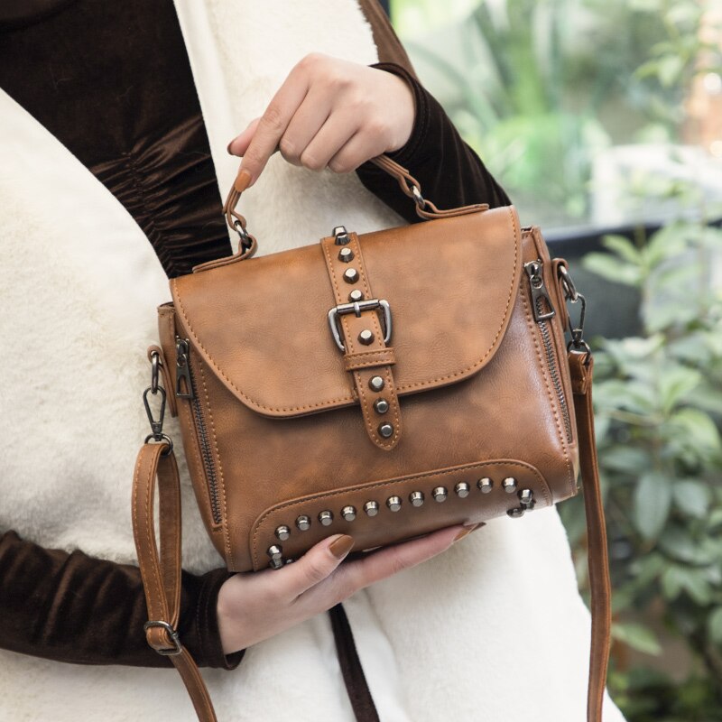 White Vintage Oil Leather Luxury Handbags – Designer Crossbody & Rivet Small Handbag for Women