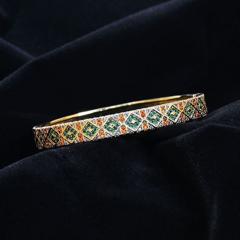 Copper Plated Gold Inlaid Zirconium Bracelet – Geometric Square Buckle Luxury Jewelry