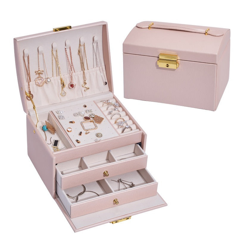 Luxury Three Layer Leather Drawer Jewelry Box with Lock – Elegant Earring & Stud Organizer