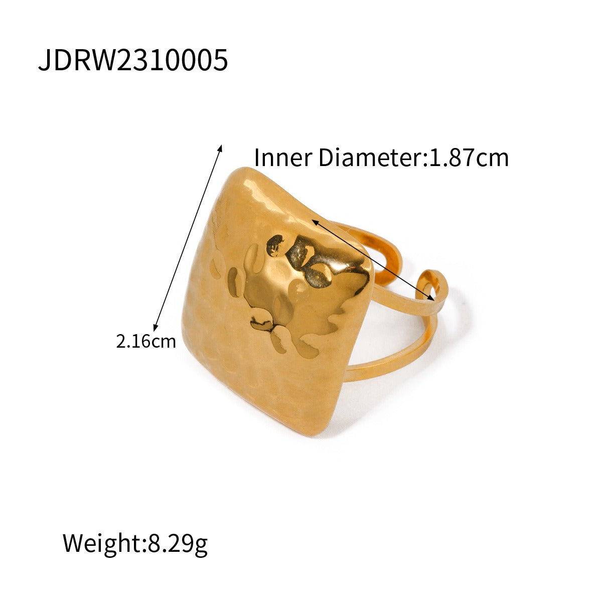 Stainless Steel Square Open Ring with Hammer Design – Modern Women’s Jewelry