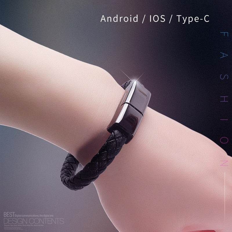 USB Leather Bracelet Charger – Men’s Stainless Steel Magnetic Fast Charging Punk Bracelet