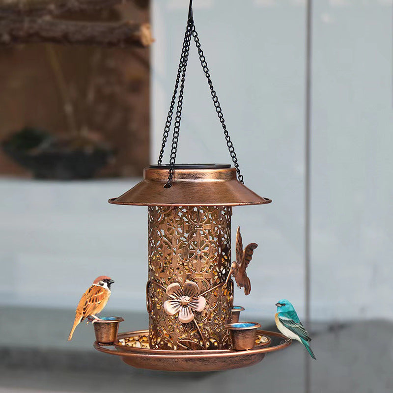 Outdoor Solar Powered Lamp & Metal Hanging Bird Feeder – Dual-Purpose Feeding and Watering Decorative Lamp
