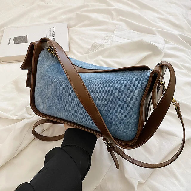 Fashion Women PU Leather Handbag – Large Capacity Denim Shoulder Crossbody Bag with Zipper Clutch