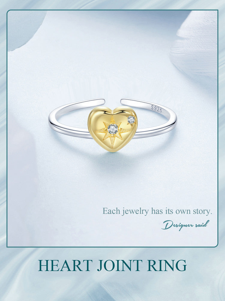 18K Gold Plated Love Splicing s925 Pure Silver Ring – Couple’s Luxury Starry Heart Open Jewelry