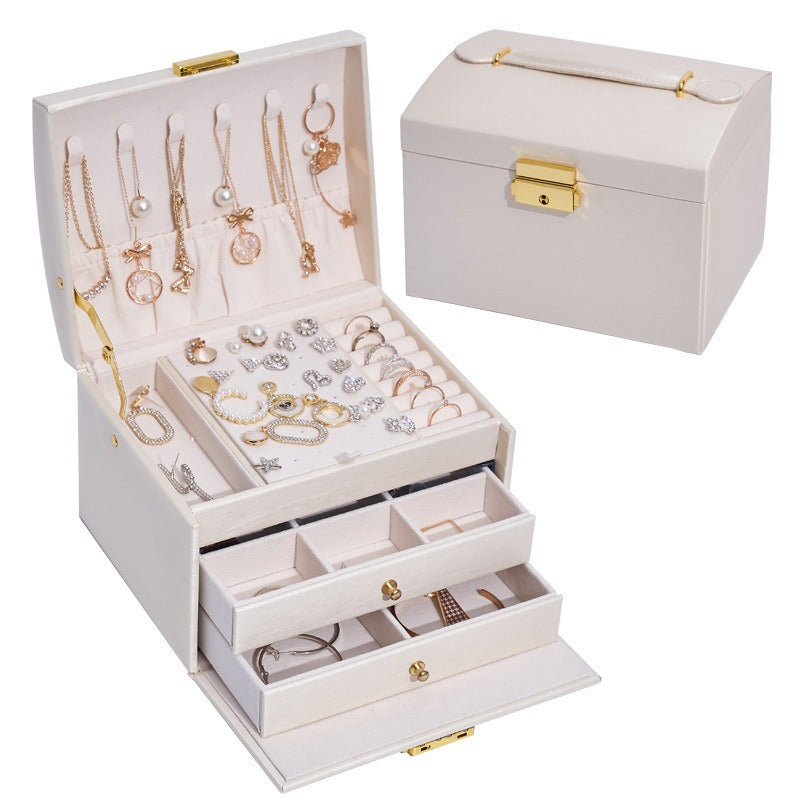 Luxury Three Layer Leather Drawer Jewelry Box with Lock – Elegant Earring & Stud Organizer