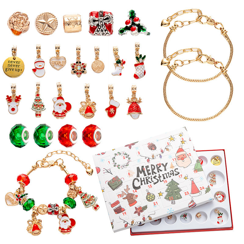DIY Creative Children’s Bracelet Jewelry – 24-Grid Calendar Christmas Holiday Surprise Blind Box Silver Set