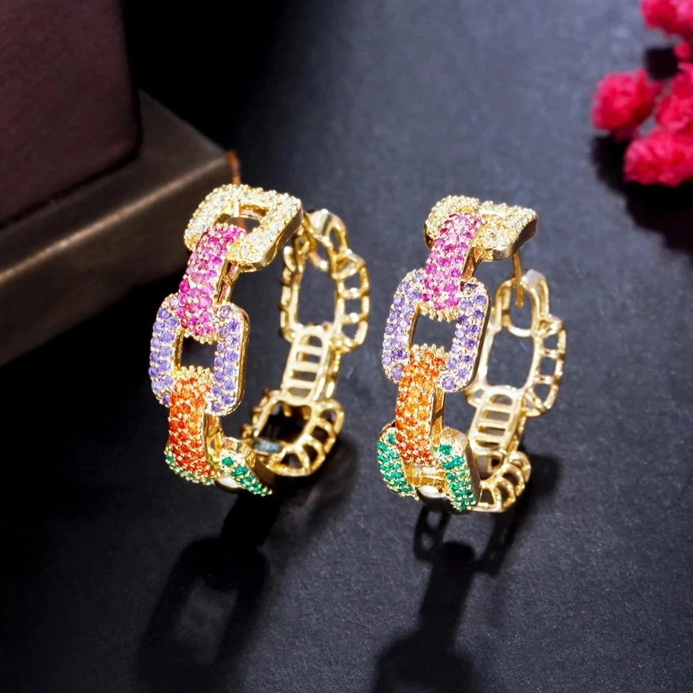 Trendy Colorful Micro Pave CZ Gold Plated Hoop Earrings – Geometric Cuban Chain Design