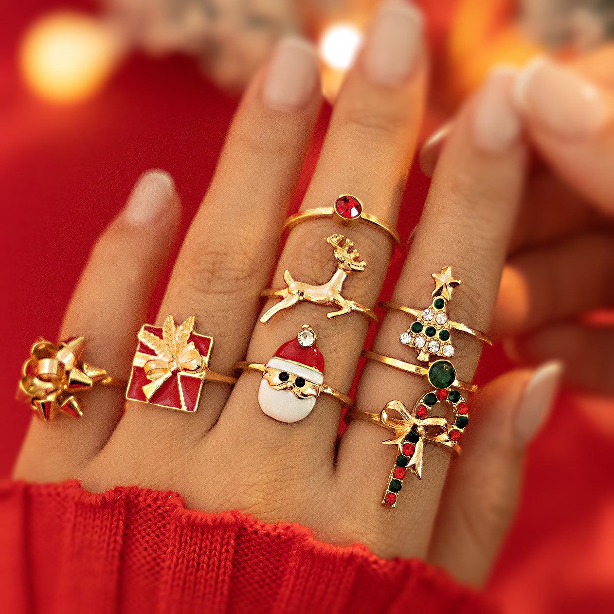 Christmas Candy Deer Ring Set – Creative Holiday Santa Claus Alloy + Drip Oil Rings for Women