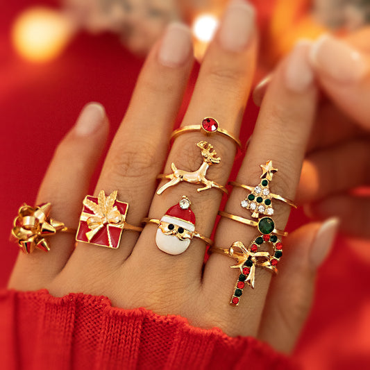 Christmas Candy Deer Ring Set – Creative Holiday Santa Claus Alloy + Drip Oil Rings for Women