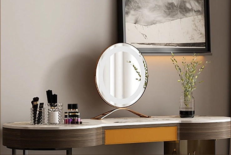 Round Black Dressing Table Makeup Mirror – Desktop LED Light Vanity Mirror for Beauty & Skincare