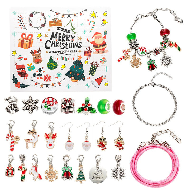 DIY Creative Children’s Bracelet Jewelry – 24-Grid Calendar Christmas Holiday Surprise Blind Box Silver Set