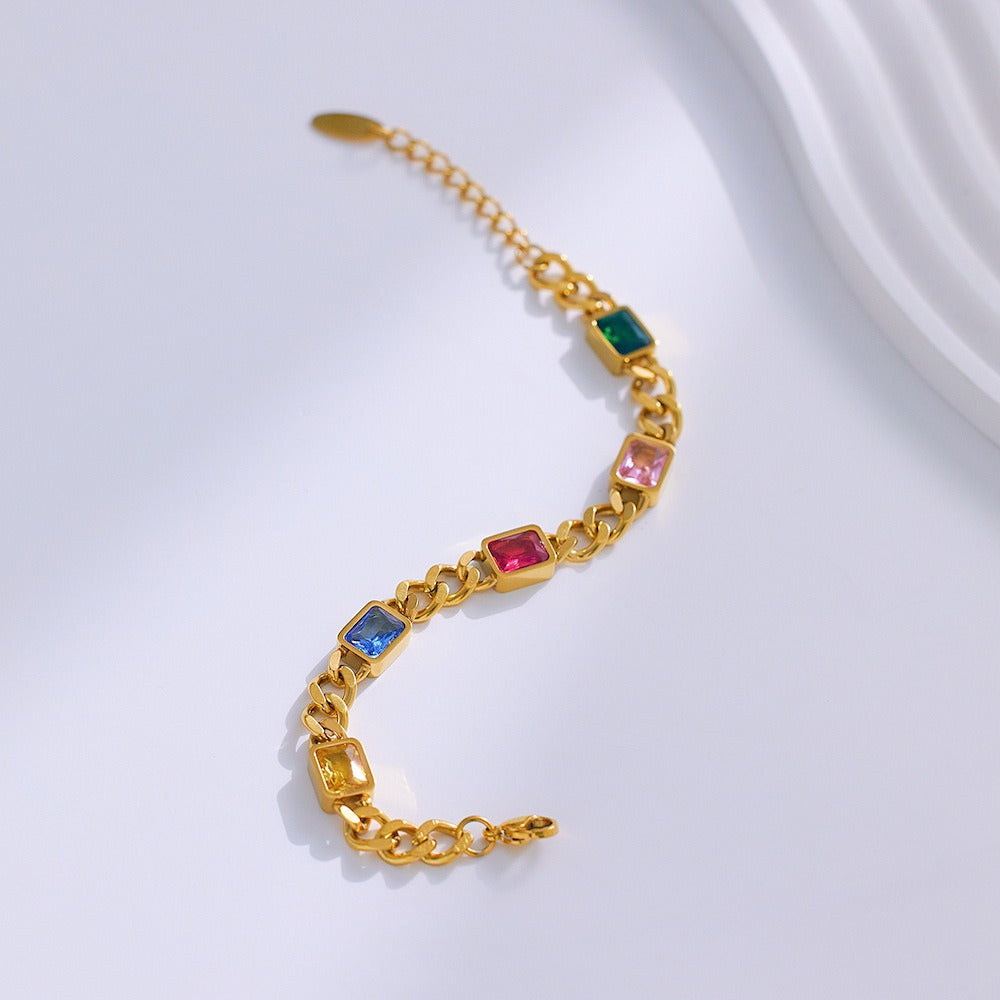 18K Gold Multicolored Gemstone Stainless Steel Bracelet – Luxury Vibrant Fashion Jewelry