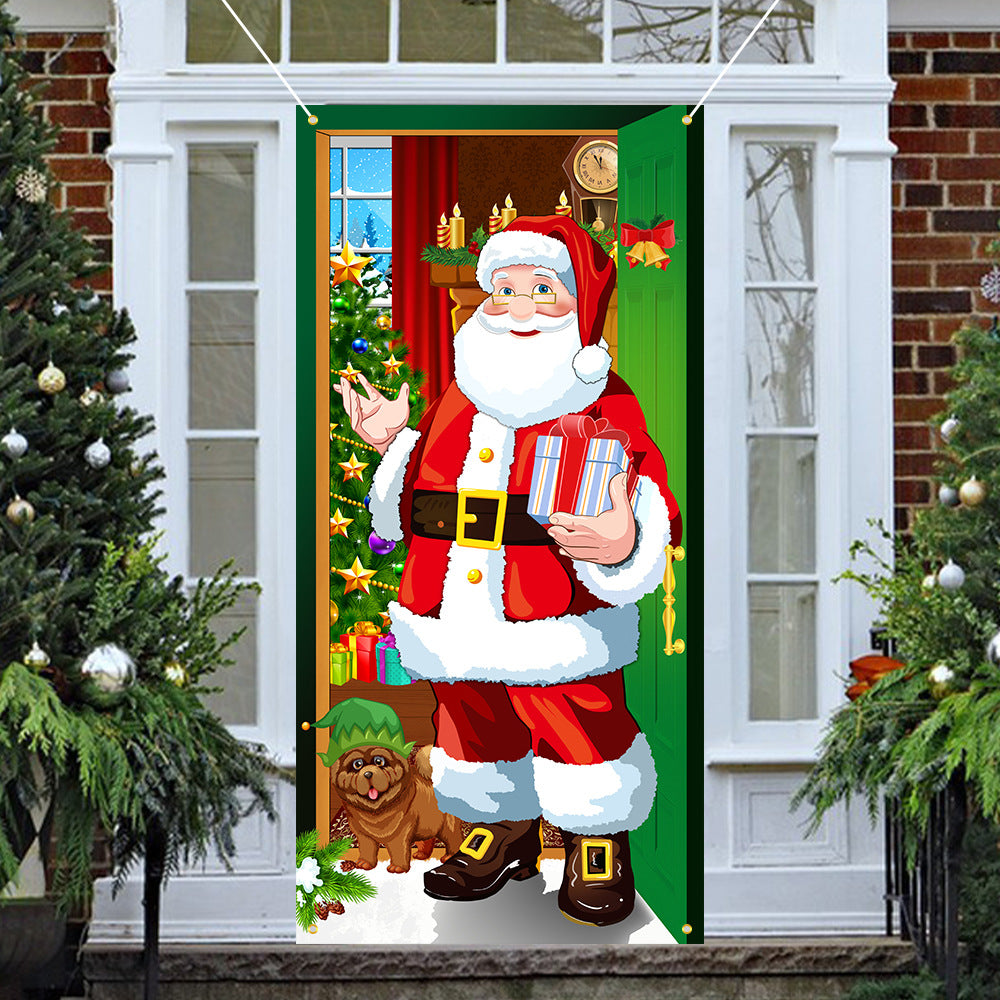 Christmas Door Curtains & Flags – Santa Claus & Puppies Hanging Cloth Background Decoration